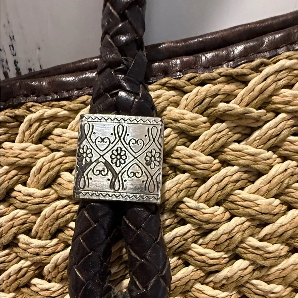 Brighton Tote Woven Jute Braided Leather Handles & Charms - Picture 7 of 11